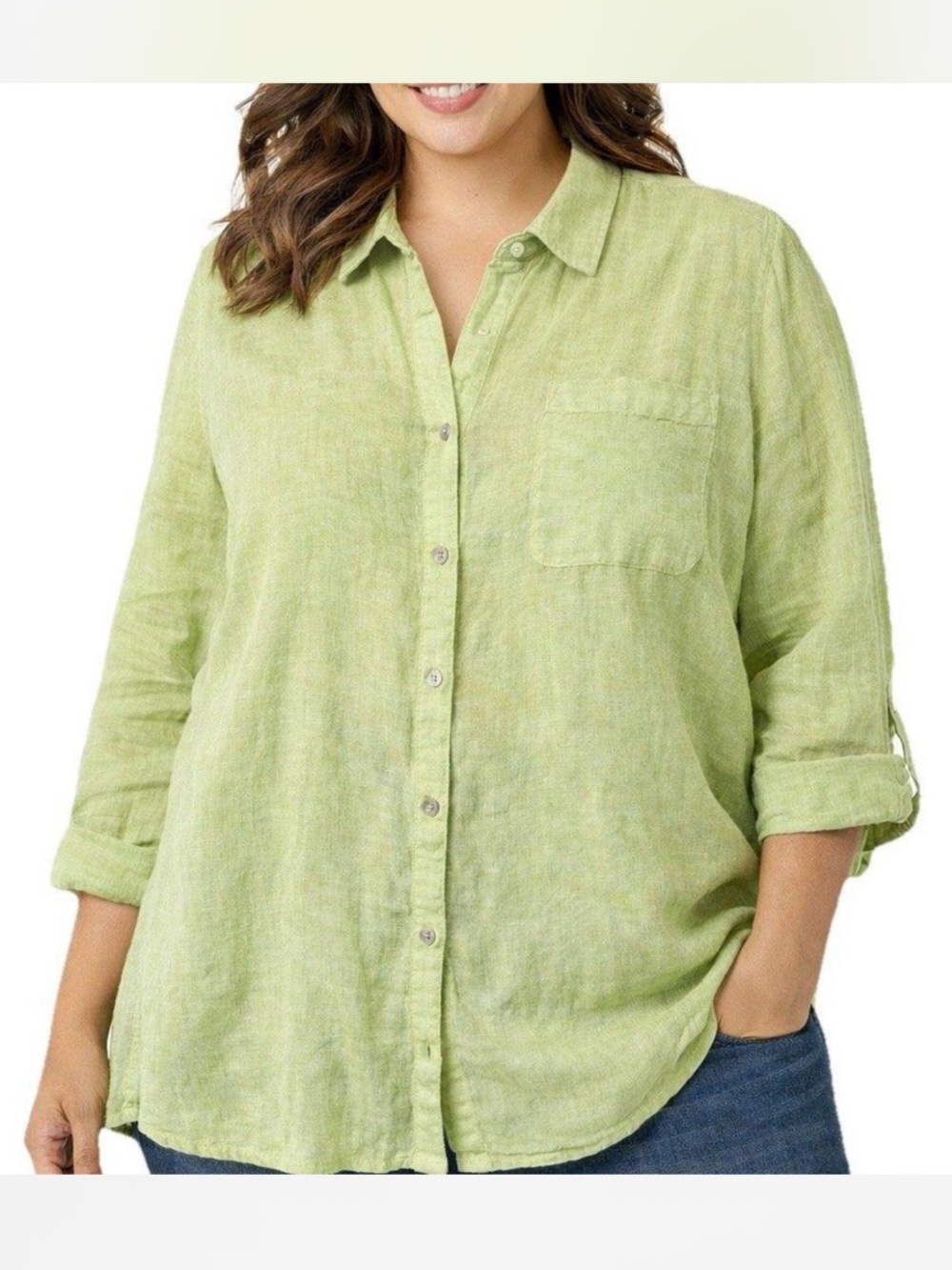 Sigrid Olsen Light Green Linen Blend Button Down